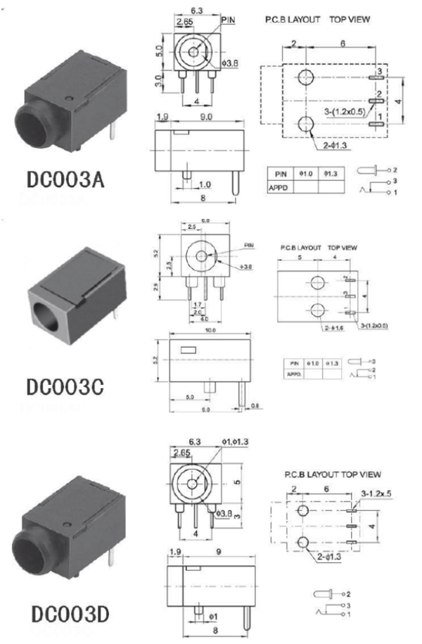 DC插座的各種規(guī)格和尺寸焊接圖
